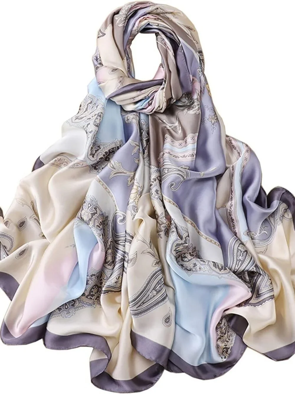 Women's Blue Lightweight Silk Like Scarves Flower Print Head Cotton Wrap Scarf